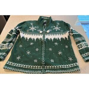 Green Snowflake Winter Sweater Jacket XL Embroidered Zip Knit Pom Pom Holiday